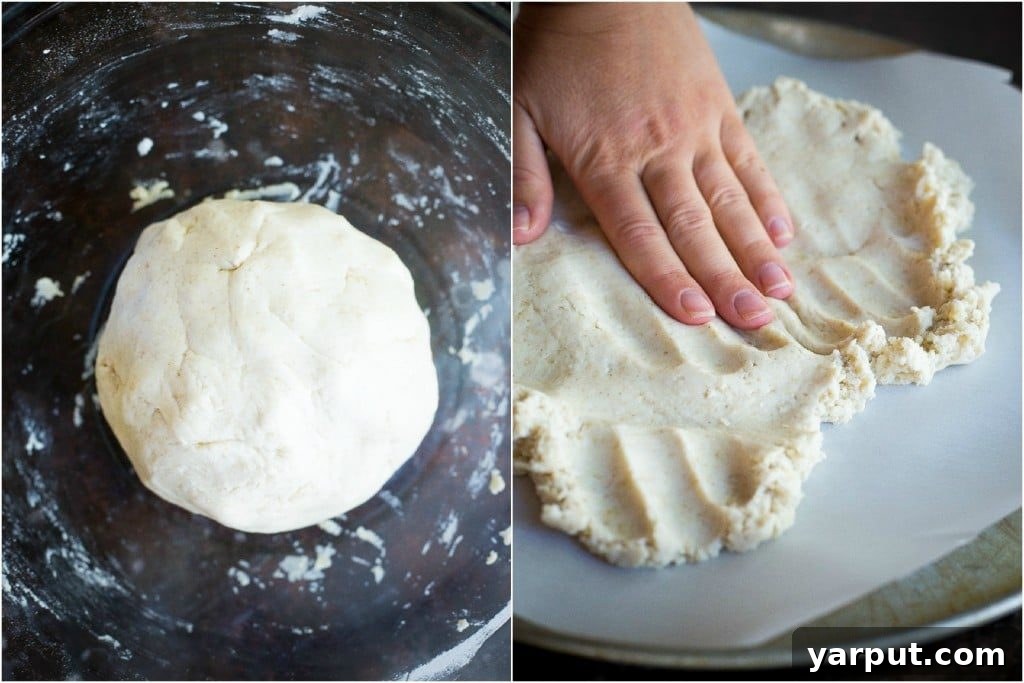 Simple and Delicious Gluten-Free Vegan Pizza Crust 4 Step two in making easy gluten free pizza dough, illustrating the dough being kneaded into a smooth ball and placed in a bowl to rest.