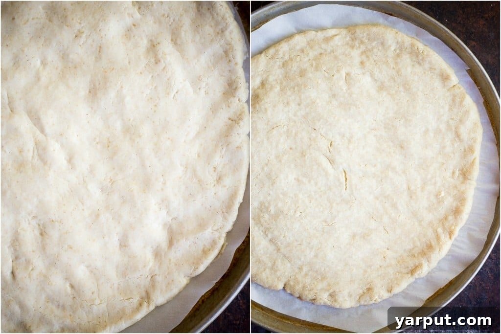 Simple and Delicious Gluten-Free Vegan Pizza Crust 5 Before and after baking comparison of the gluten free pizza crust, showing the dough uncooked and then golden brown after par-baking.