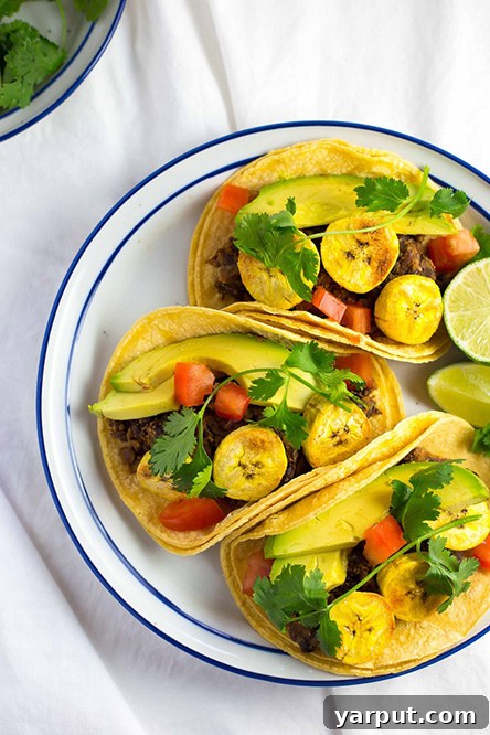 Golden Plantain Black Bean Tacos with Fresh Avocado 2 Delicious Black Bean & Roasted Plantain Tacos with Fresh Avocado