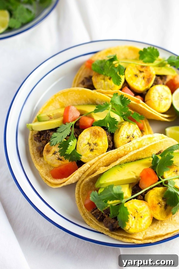 Golden Plantain Black Bean Tacos with Fresh Avocado 4 Black Bean & Roasted Plantain Tacos with Avocados - A close up of the finished dish