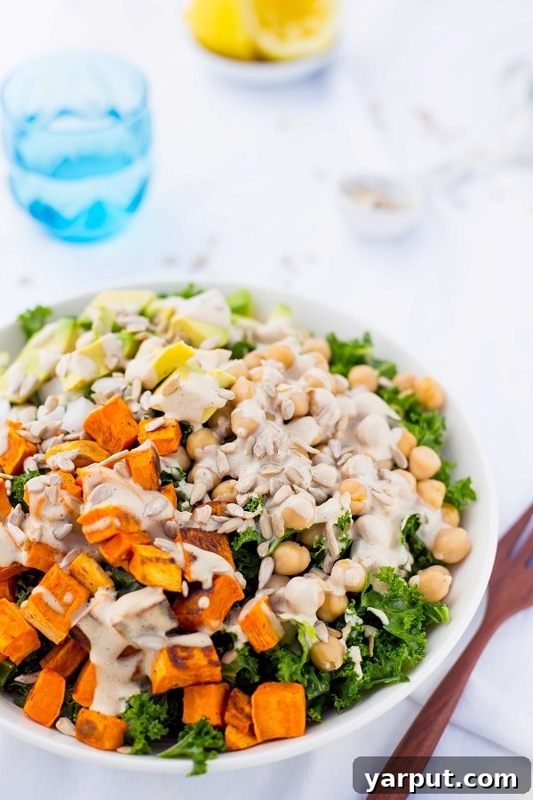 Hearty Kale Salad with Roasted Sweet Potato, Chickpeas, Avocado, and Tahini Miso Dressing 7 Generous serving of Kale Salad with Sweet Potato, Chickpeas & Avocado with Creamy Tahini Dressing