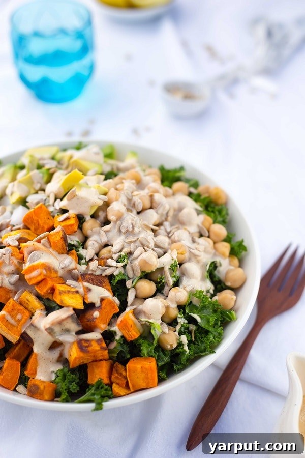 Hearty Kale Salad with Roasted Sweet Potato, Chickpeas, Avocado, and Tahini Miso Dressing 9 Delicious and healthy Kale Salad with Sweet Potato, Chickpeas, and Avocado ready to eat
