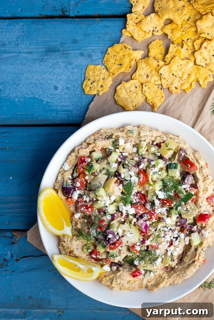 Mediterranean Loaded Hummus Bowl 6 A large bowl of Loaded Greek Hummus Dip ready to be served