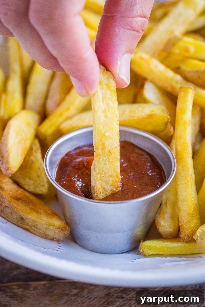 Perfectly Crisped Oven Fries 5 a crispy baked French fry being dipped into ketchup