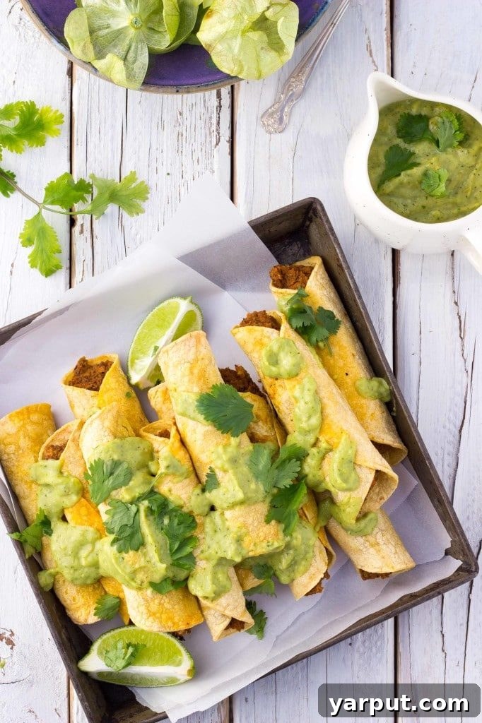 Savor Summer: 13 Vegetarian Avocado Delights 3 Crispy Black Bean Sweet Potato Taquitos with creamy avocado tomatillo dip