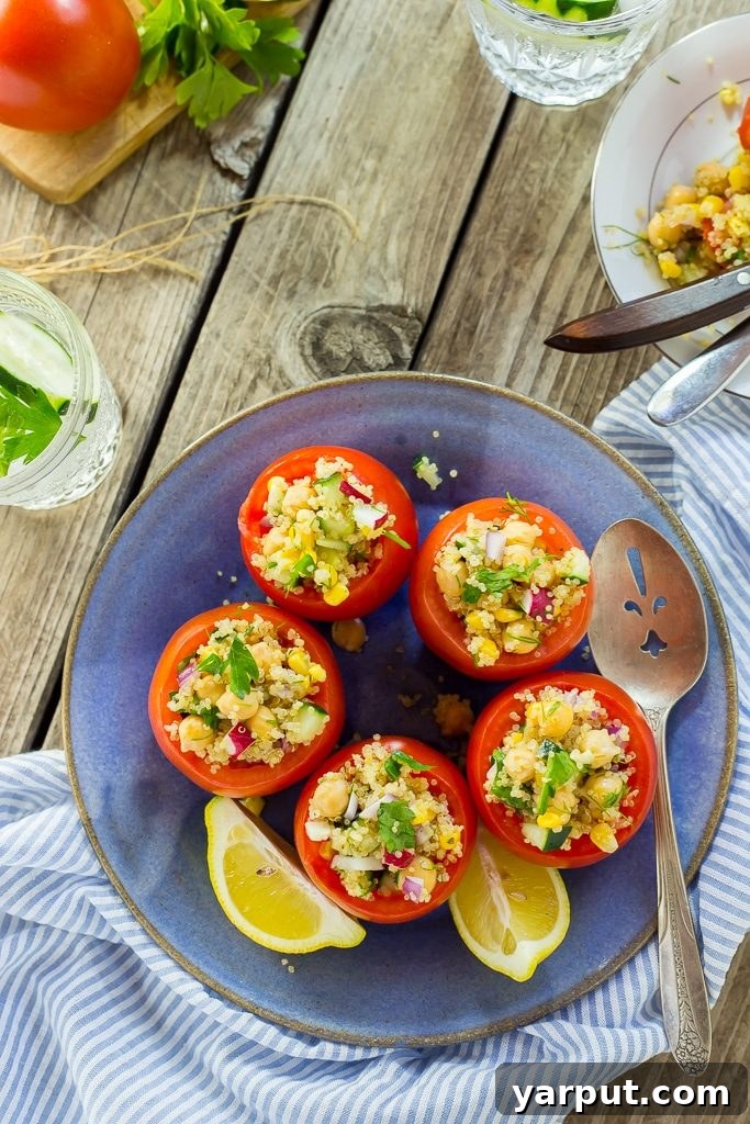 Wholesome Quinoa and Chickpea Stuffed Tomatoes 6 Beautifully plated Quinoa and Chickpea Stuffed Tomatoes