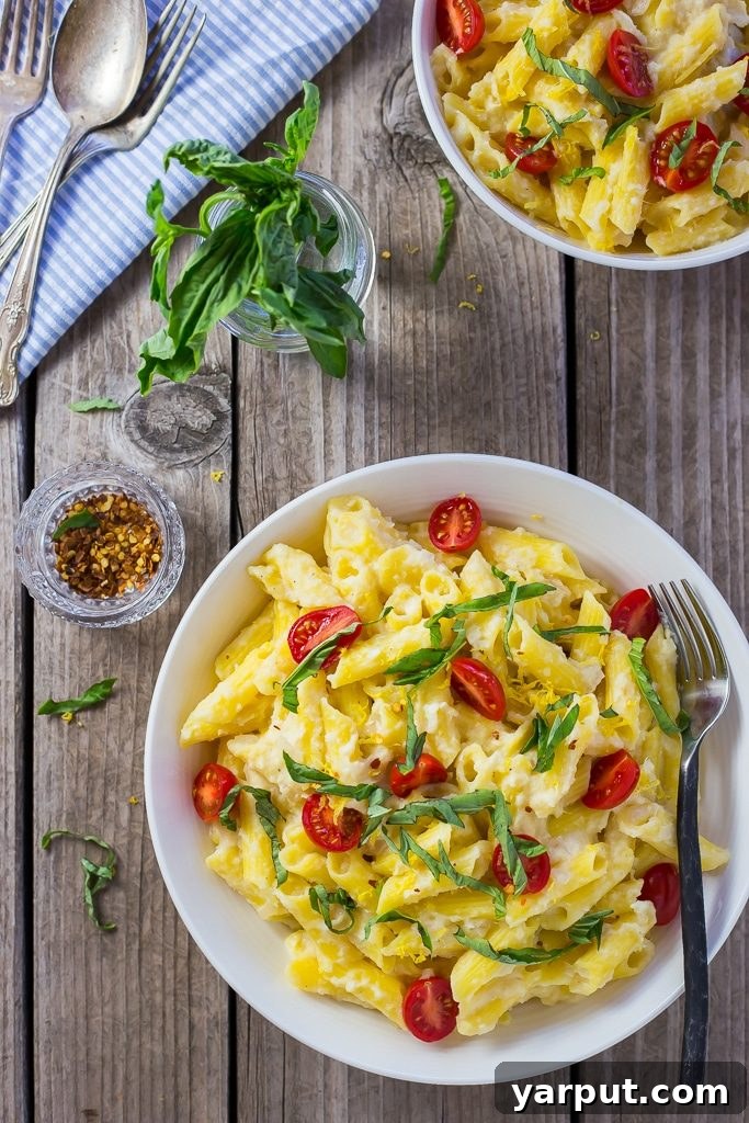 Creamy Vegan Corn Penne with Sweet Basil and Juicy Cherry Tomatoes 6 Creamy Corn Penne with Basil & Cherry Tomatoes: A close-up shot of the fresh ingredients.