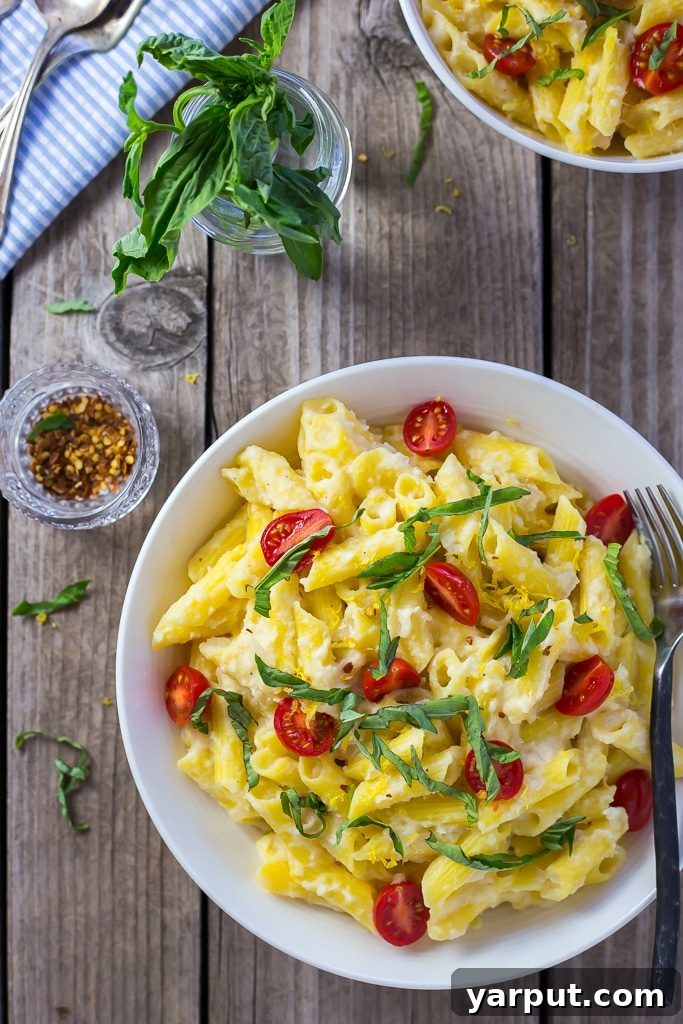 Creamy Vegan Corn Penne with Sweet Basil and Juicy Cherry Tomatoes 8 Creamy Corn Penne with Basil & Cherry Tomatoes: Another perspective of the delightful summer dish.