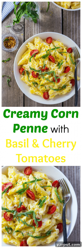 Creamy Vegan Corn Penne with Sweet Basil and Juicy Cherry Tomatoes 9 Creamy Corn Penne with Basil and Cherry Tomatoes: A vertical shot of the finished pasta.