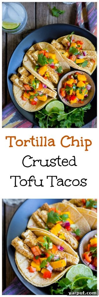 Golden Crunch Tofu Tacos with Sunny Mango Salsa 11 Collage of beautiful images featuring tortilla chip crusted tofu tacos with mango salsa, highlighting the key ingredients and final dish.