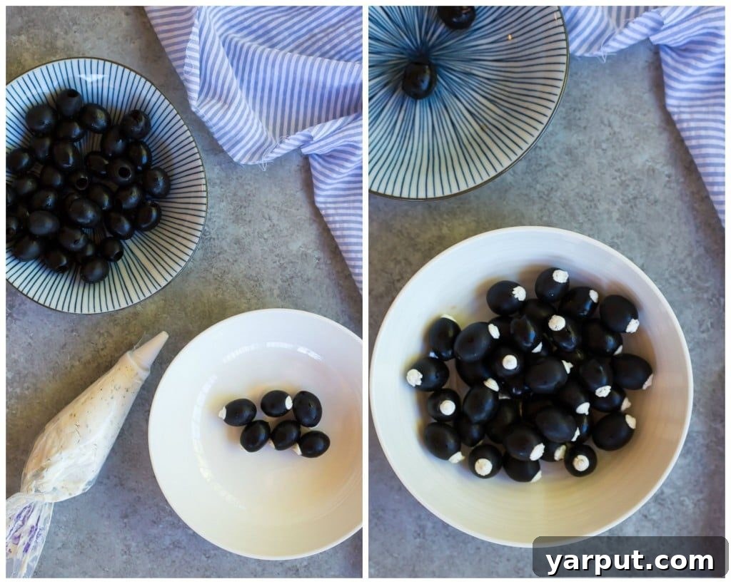 Sun-Kissed Chèvre Stuffed Olive Skewers 3 A collage showing various stages of preparing Goat Cheese Stuffed Black Olive Mediterranean Kabobs