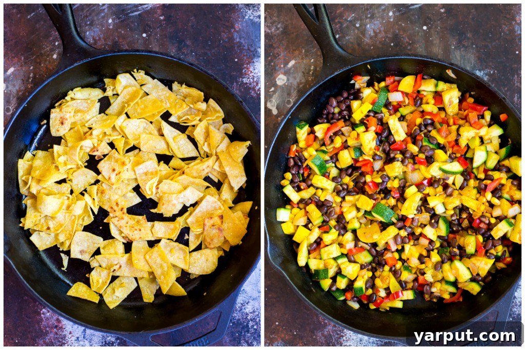No-Bake Skillet Enchiladas 3 Step-by-step image showcasing the simplicity of making easy stovetop enchiladas in a single pan.