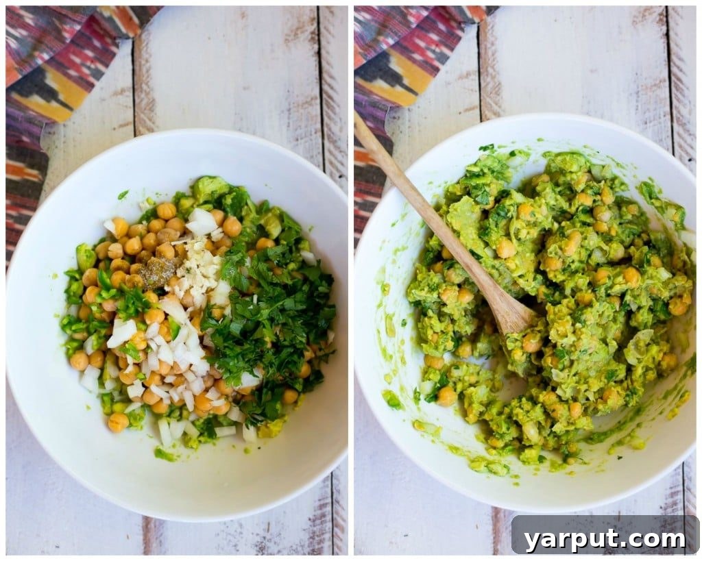Creamy Chickpea Avocado Lettuce Bites 3 Step-by-step process of making Chickpea Avocado Lettuce Wraps, showing ingredients mashed together.