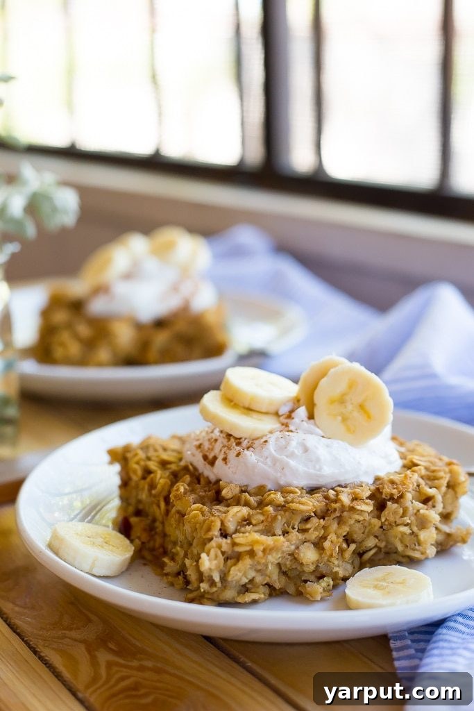 Peanut Butter Banana Baked Oats 6 Peanut Butter and Banana Baked Oatmeal with a drizzle of syrup