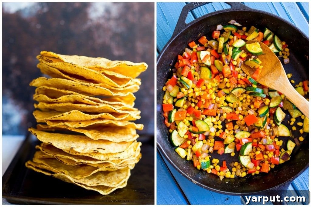 Preparing fresh summer vegetables for Tostadas: zucchini, red pepper, and corn.