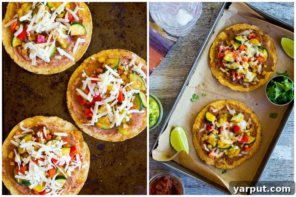 Close-up of Tostadas being assembled with refried beans, vegetables, and cheese.