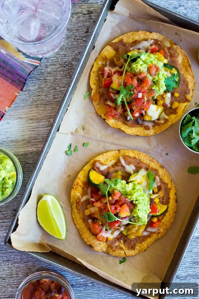 Plated 30-Minute Summer Vegetable Tostadas, garnished with fresh cilantro.