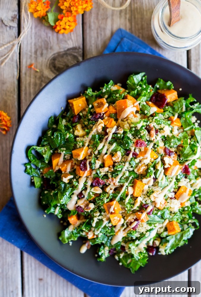 Harvest Quinoa Salad with Roasted Sweet Potatoes, Kale, and Maple Tahini 2 Autumn Quinoa Salad with Kale, Sweet Potato & Maple Tahini Dressing - Main Course