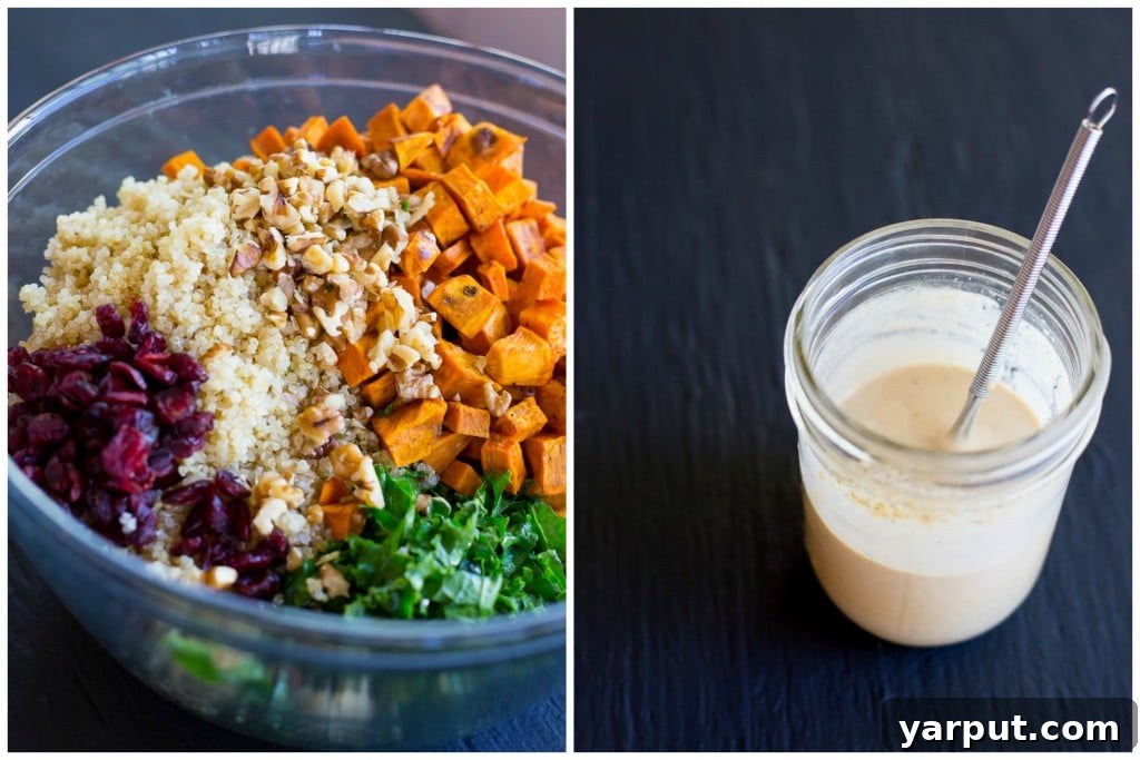 Harvest Quinoa Salad with Roasted Sweet Potatoes, Kale, and Maple Tahini 3 Autumn Quinoa Salad with Kale, Sweet Potato & Maple Tahini Dressing - Steps