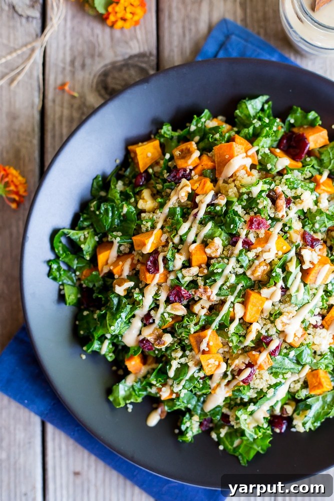 Harvest Quinoa Salad with Roasted Sweet Potatoes, Kale, and Maple Tahini 4 Autumn Quinoa Salad with Kale, Sweet Potato & Maple Tahini Dressing - Side Dish