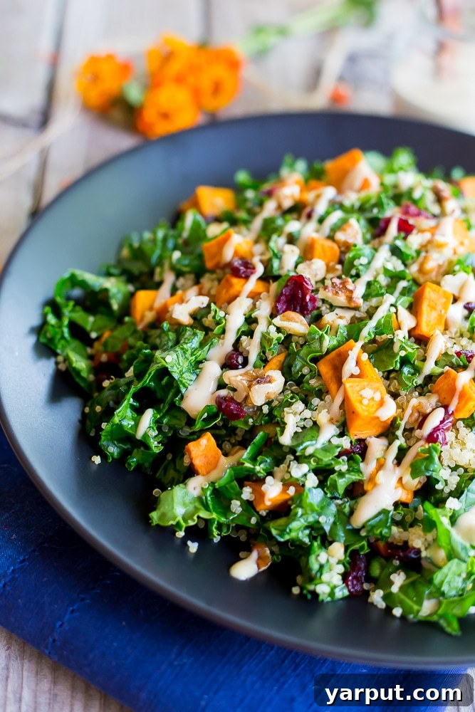Harvest Quinoa Salad with Roasted Sweet Potatoes, Kale, and Maple Tahini 6 Autumn Quinoa Salad with Kale, Sweet Potato & Maple Tahini Dressing - Close Up