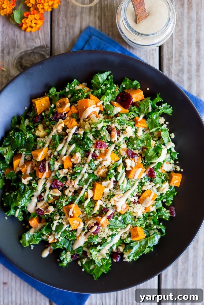 Harvest Quinoa Salad with Roasted Sweet Potatoes, Kale, and Maple Tahini 7 Autumn Quinoa Salad with Kale, Sweet Potato & Maple Tahini Dressing - Plated