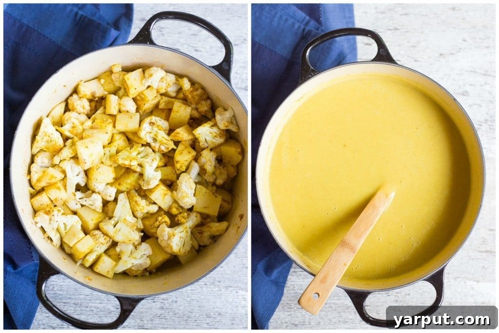 Curried Cauliflower and Potato Soup ready to be served