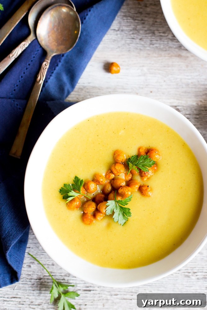 Overhead view of Curried Cauliflower & Potato Soup