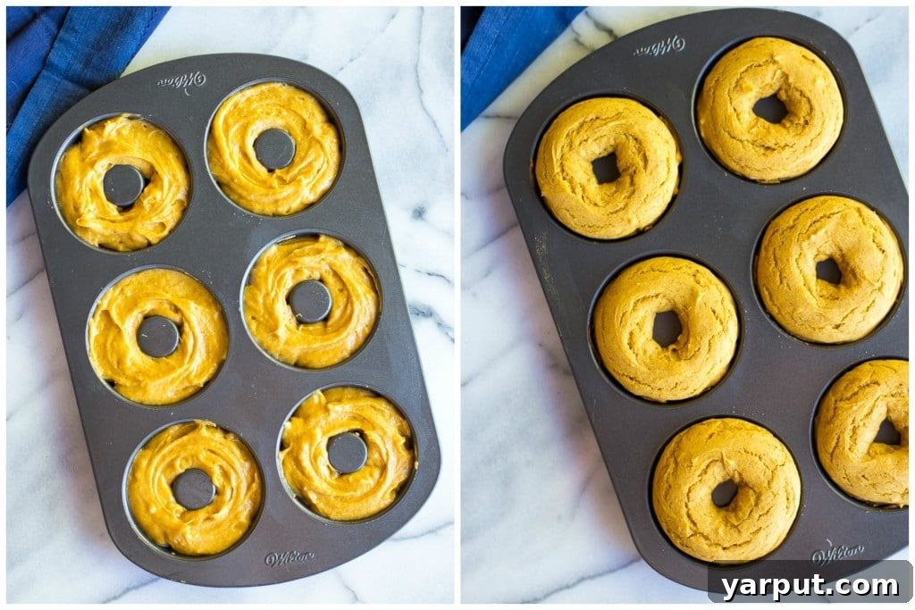 Pumpkin Doughnuts with Orange Glaze (Gluten-Free) 3 Step-by-step imagery demonstrating the process of making Gluten-Free Pumpkin Orange Glazed Doughnuts, showing the batter in a doughnut pan and the baked doughnuts before glazing, highlighting the ease of preparation.