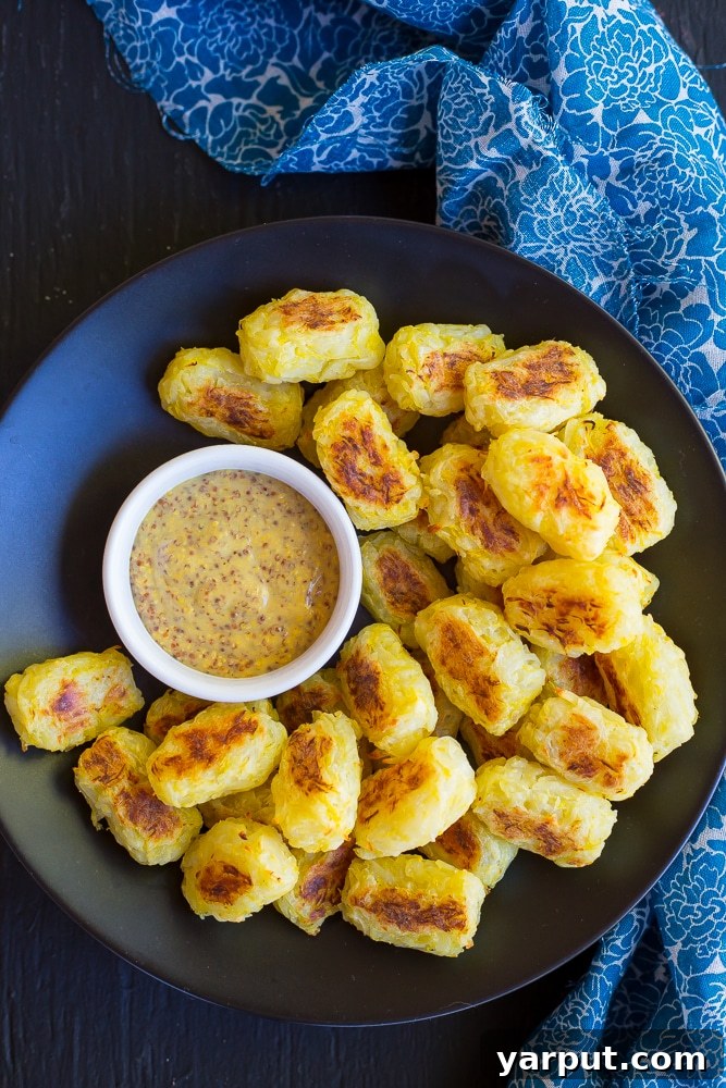 Golden Spaghetti Squash Tots with Tangy Maple Mustard 6 Close-up of golden brown spaghetti squash tater tots with a side of creamy dip