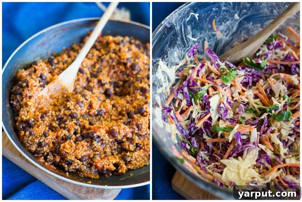 Smoky Vegan Black Bean Quinoa Tacos with Fresh Cilantro Slaw 3 Close-up of delicious BBQ Black Bean & Quinoa Tacos, showcasing the rich filling and fresh cilantro slaw.