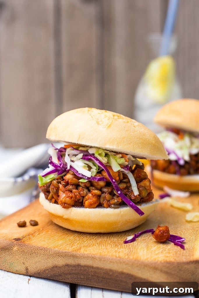Smoky Vegan Black Bean Quinoa Tacos with Fresh Cilantro Slaw 8 Hearty Sloppy Lentil and Chickpea Sandwiches, a fulfilling vegetarian meal.