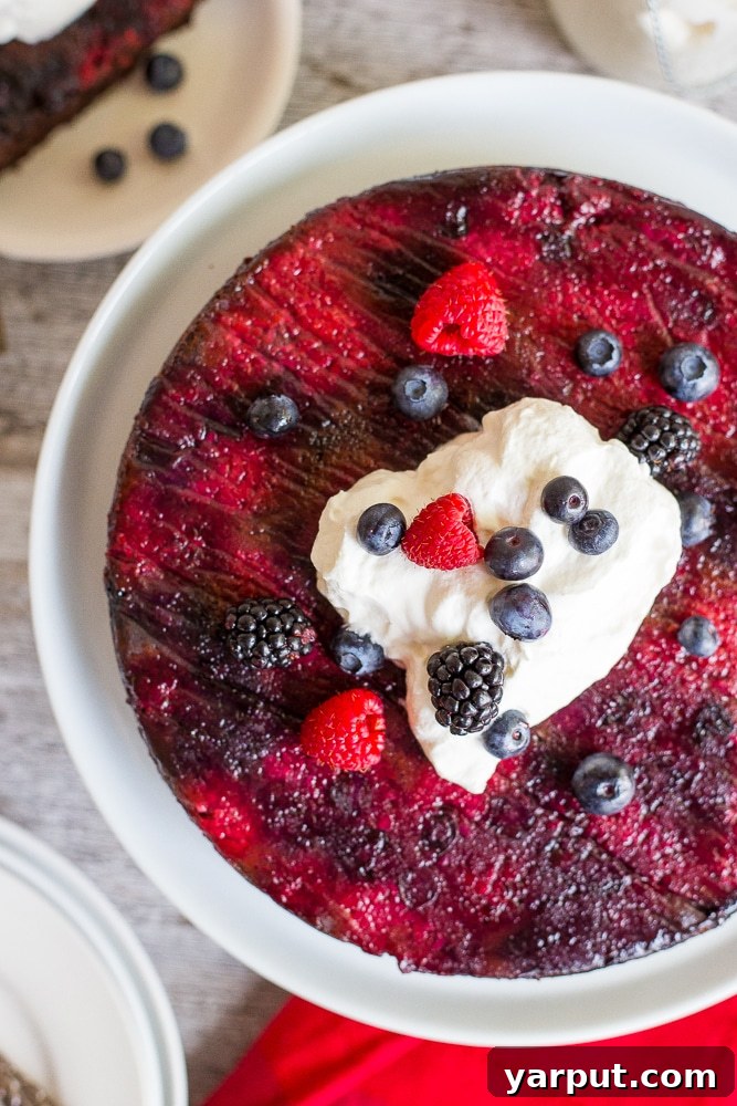 Gluten-Free Decadent Mixed Berry Upside Down Chocolate Cake 6 This Gluten Free Mixed Berry Upside Down Chocolate Cake is the perfect combination of chocolate and berries in each bite!