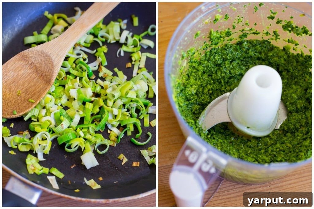 Close-up of freshly cooked Kale and Leek Pesto Pasta with Tofu in a bowl