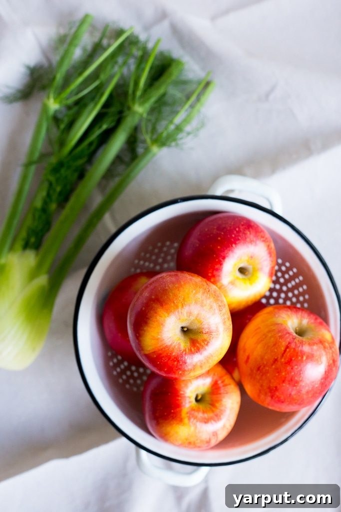 A close-up shot of the vibrant Fennel and Apple Slaw in a serving bowl