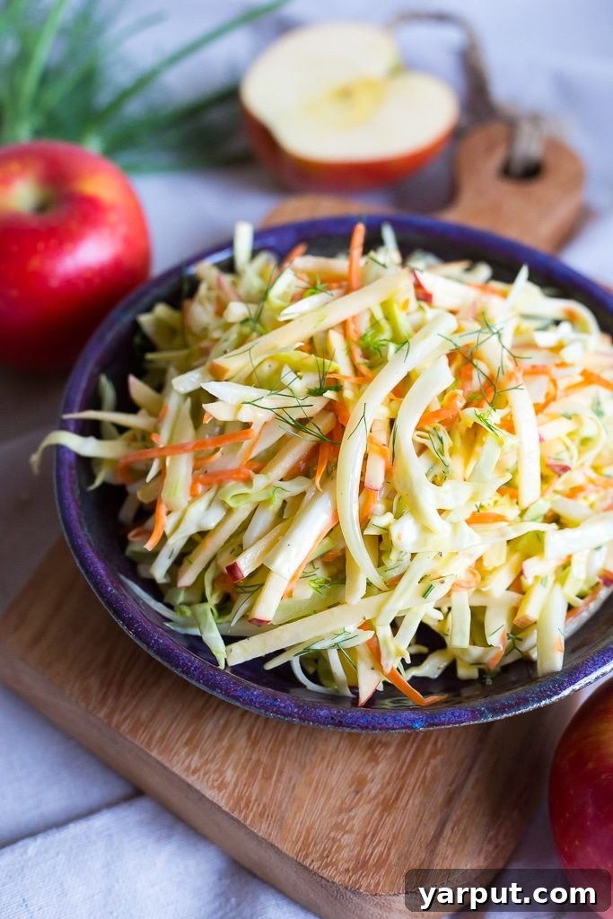 Colorful and appetizing Fennel and Apple Slaw beautifully presented