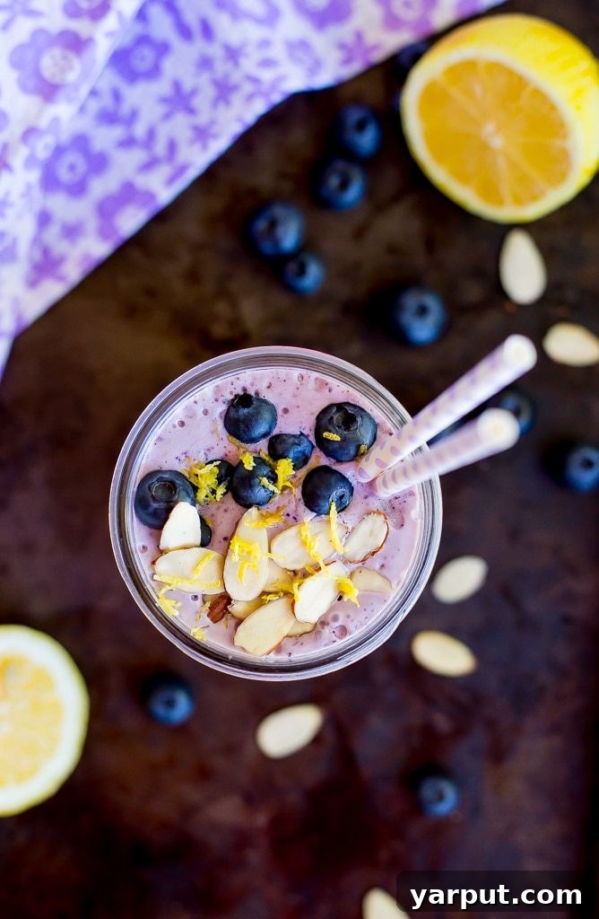 This Lemon, Wild Blueberry & Almond Protein Smoothie is a delicious, easy-to-make beverage packed with 27 grams of protein, designed to keep you feeling full and energized all morning long!