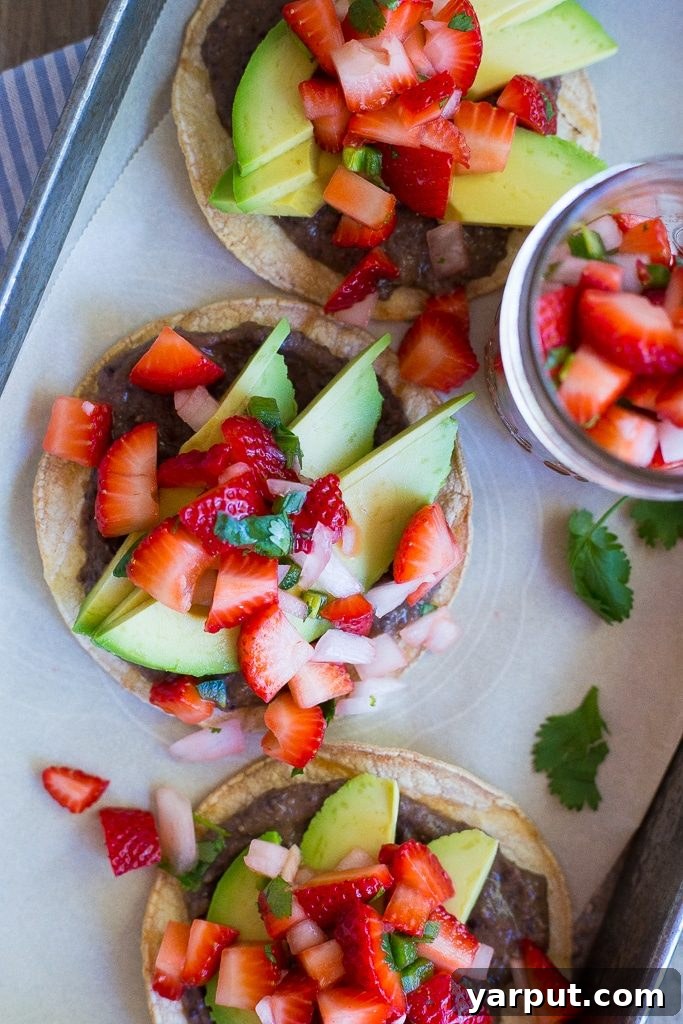 Strawberry Salsa Black Bean and Avocado Tostadas 5 Black Bean & Avocado Tostadas with Strawberry Salsa