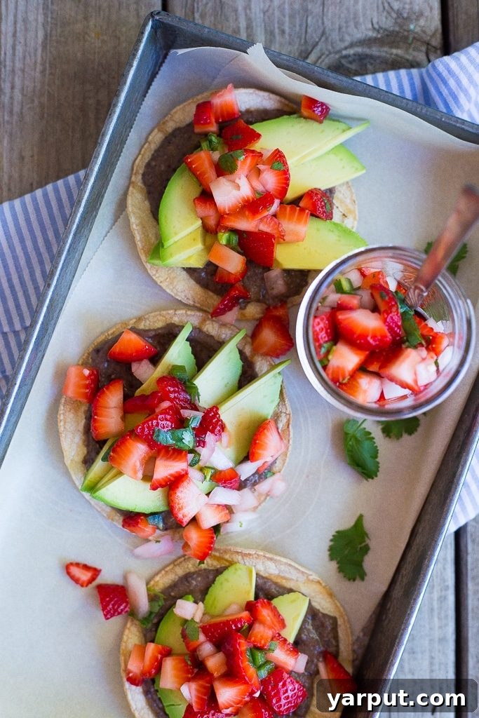 Strawberry Salsa Black Bean and Avocado Tostadas 7 Black Bean & Avocado Tostadas, ready to serve