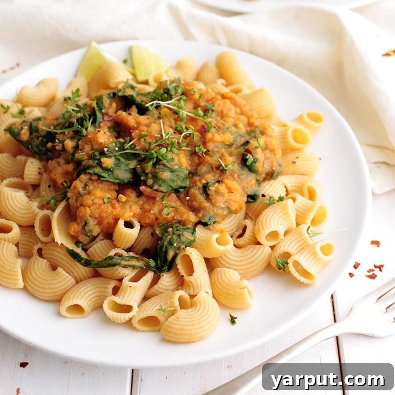 Meatless Muscle 35 Protein Rich Pasta Creations 4 Red Lentil and Spinach Pasta in a bowl, showcasing a hearty vegetarian meal with a rich sauce, topped with fresh herbs.