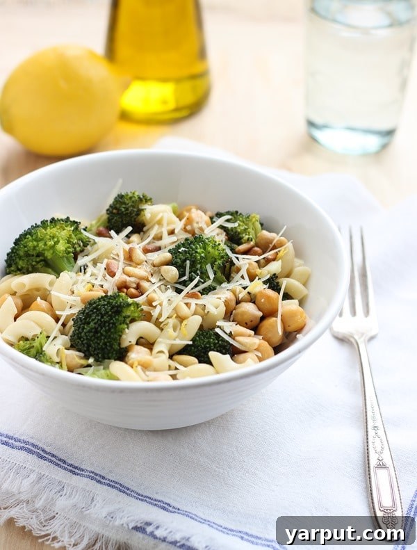 Meatless Muscle 35 Protein Rich Pasta Creations 6 Roasted Broccoli and Chickpea Lemon Pasta, a bright and healthy vegetarian dish with crunchy chickpeas and a zesty sauce.