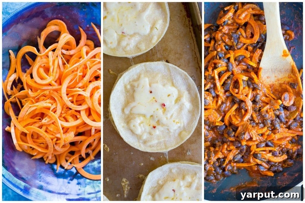 Speedy Spiralized Sweet Potato Enchilada Bowls with Black Beans 4 Hand assembling Inside-Out Enchiladas, placing sweet potato and black bean filling onto cheesy tortillas.