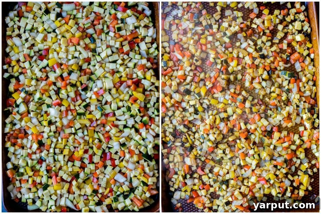 Perfect Plant-Based Lasagna 3 A visual guide showing the transformation of fresh, diced vegetables before and after being perfectly roasted, ready to be incorporated into the vegetarian lasagna layers.