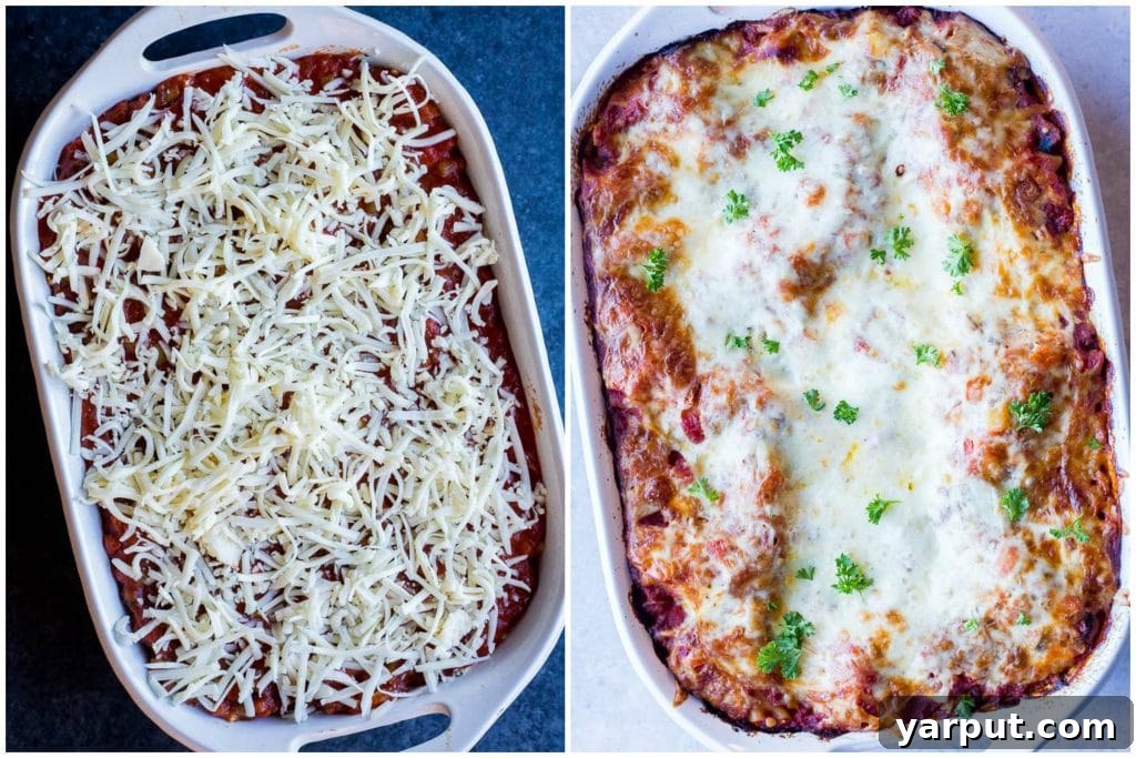 Perfect Plant-Based Lasagna 5 Side-by-side comparison of an uncooked vegetarian lasagna showcasing its distinct layers, next to a beautifully baked, golden-brown lasagna fresh out of the oven, demonstrating the delicious transformation.