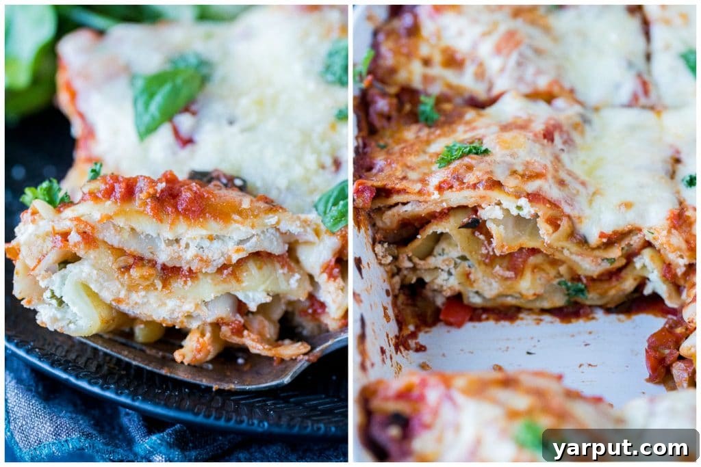 Perfect Plant-Based Lasagna 6 A stunning close-up of a golden-brown vegetarian lasagna, showing its perfectly melted cheese and vibrant vegetable layers, both in the baking pan and a freshly cut slice on a plate.