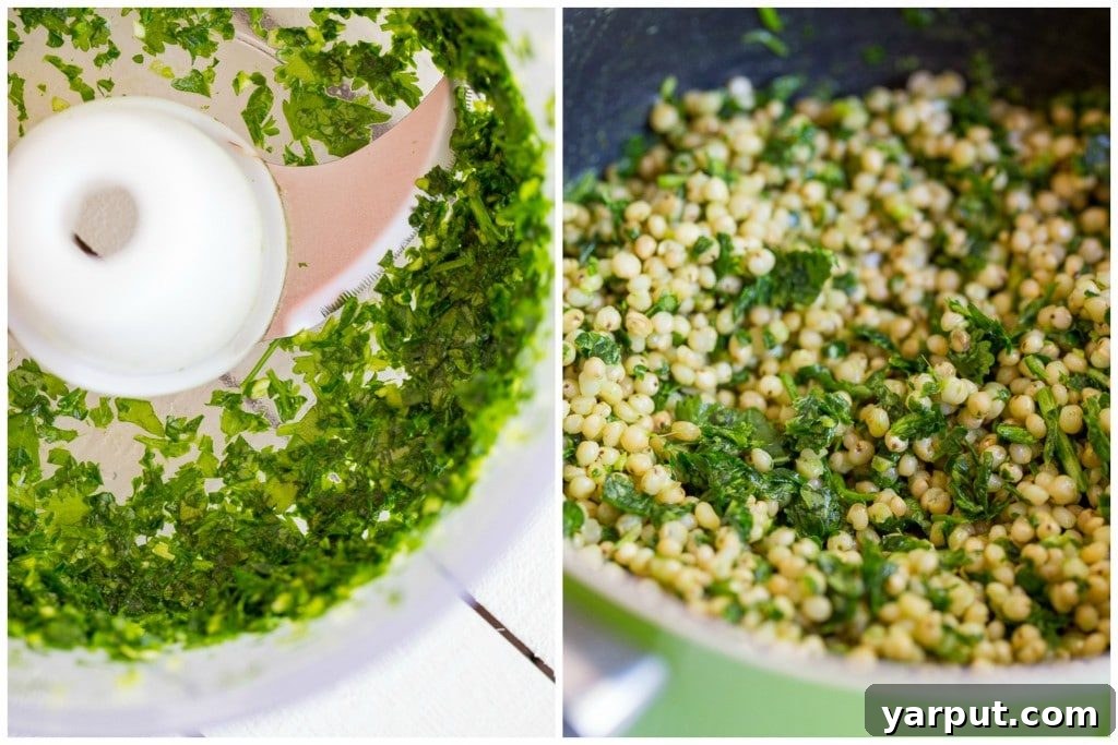 Ingredients for Green Sorghum Burrito Bowls, showcasing fresh herbs, sweet potato, and the uncooked sorghum grain.