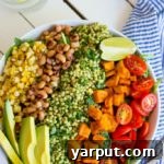 Delicious Green Sorghum Burrito Bowls with perfectly roasted sweet potato for a healthy meal.