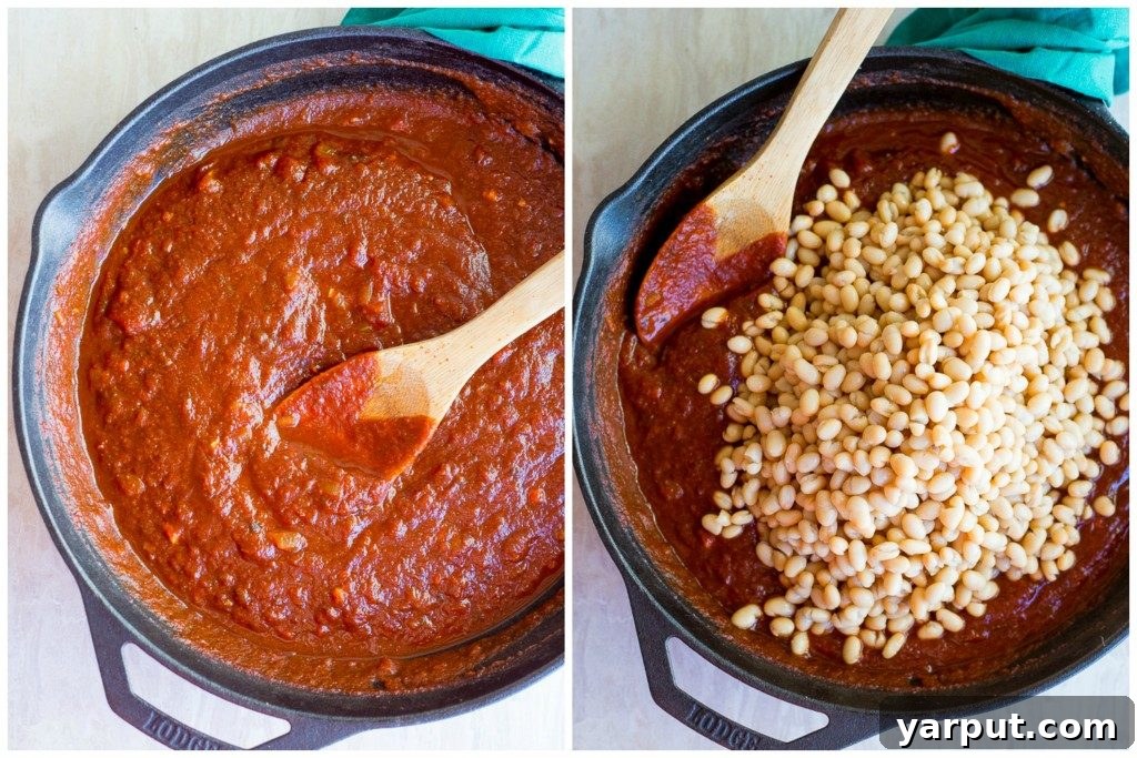 Stovetop Simmered Vegan Beans 3 Step-by-step image showing how to make vegetarian baked beans on the stovetop