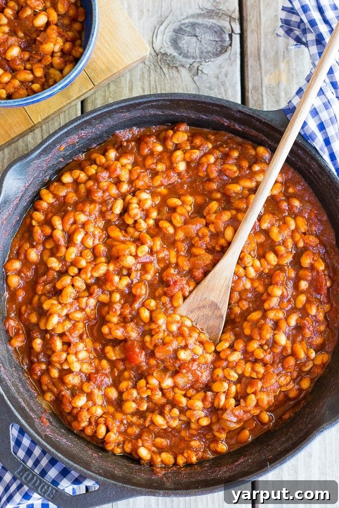 Stovetop Simmered Vegan Beans 6 Finished stovetop baked bean recipe in a serving dish