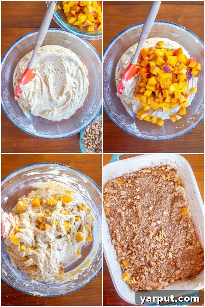 Golden Peach Crumble Cake 3 Step-by-step photos illustrating the process of making peach cake, showing ingredients being mixed and batter prepared
